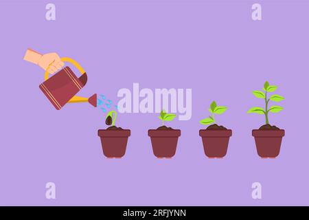 Graphic flat design drawing hand with can watering plant at garden logo, icon, label, symbol. Earth day save environment concept. Growing seedling for Stock Photo