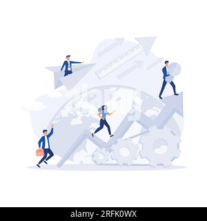 Business analytics in cloud arrow leadership company. People challenge teamwork up, flat vector modern illustration Stock Vector