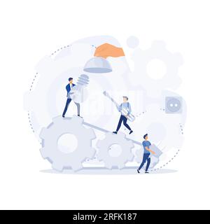 Group of young business people collaborating, solving problems, thinking about creative idea, brainstorming and teamwork concept, flat vector modern i Stock Vector