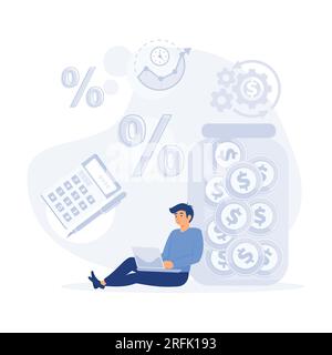 Calculation, bookkeeping investment money concept, thinking about profit. Economic audit, financial analysis, tax accounting, bill payment, flat vecto Stock Vector