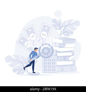 Business people on backdrop of huge files of documents and accounting books, Business process, documents workflow and accounting. flat vector modern i Stock Vector