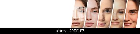 Banner. Composite image in vertical stripe of beautiful young women faces with healthy clean skin over white background. Copy space for ad. Stock Photo