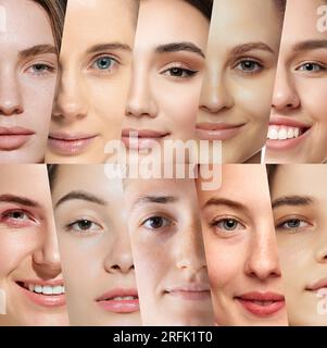 Composite image with vertical and cropped stripe portraits of beautiful young women faces with healthy clean skin over white background. Stock Photo