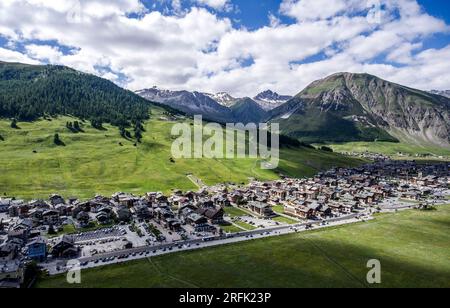 Livigno village ski and Bikepark valley in Valtellina, Lombardia, Italy Aerial view Drone panoramic view. Stock Photo