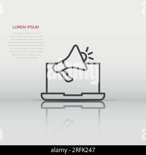 Laptop with megaphone speaker icon in flat style. Notebook bullhorn vector illustration on white isolated background. Computer subscribe business conc Stock Vector