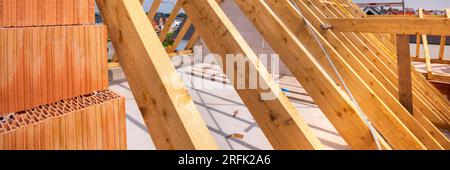 roof truss in construction of residential home Stock Photo