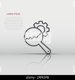 Loupe with gear icon in flat style. Magnifying glass vector illustration on white isolated background. Seo exploration business concept. Stock Vector