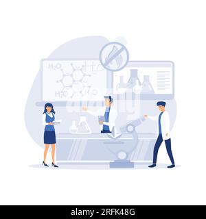 chemical researchers with laboratory equipment. Drug development concept, science experiment in lab, flat vector modern illustration Stock Vector