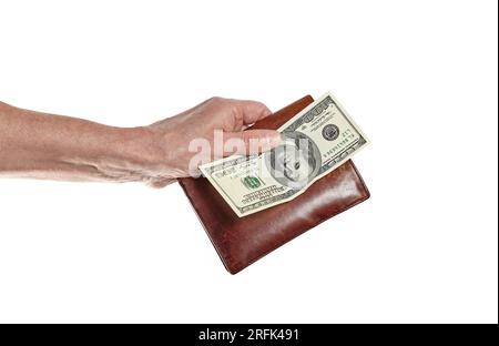 Men's hand holding leather wallet and dollar bill isolated on white background. Brown wallet with money in male hands Stock Photo
