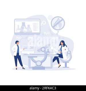 Scientific research concept, scientists two men and woman working at science lab. flat vector modern illustration Stock Vector