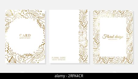 Set of vector cards with hand drawn gold botanical design of small twigs, flowers, berries in doodle style Stock Vector