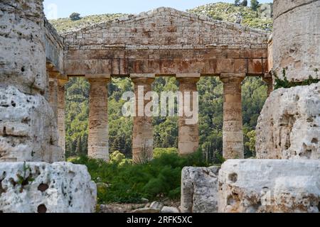 View over the Greek Doric Temple, Segesta, Sicily, Italy, Europe Stock Photo