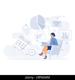 Business intelligence, businesswoman working with performance tools and software solutions, flat vector modern illustration Stock Vector