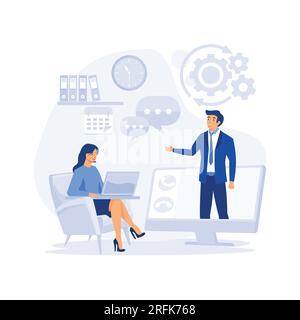Online job interview, woman talking to a man on a video call on his computer. flat vector modern illustration Stock Vector