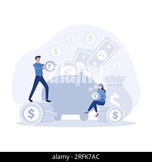 Tiny people saving money in piggy bank isolated flat vector ...