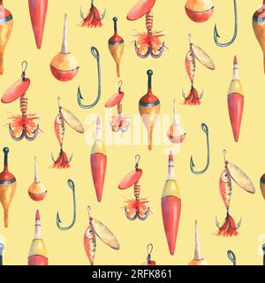 Seamless pattern with fishing tackle, bobber float,, hooks and