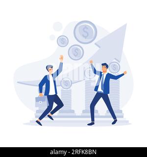 Business people stepping up on coins , against a growing upward graph, flat vector modern illustration Stock Vector