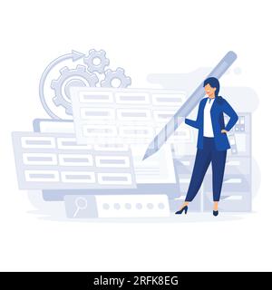 woman working with big data and databases, Office worker making analysis and report with spreadsheets on computer, flat vector modern illustration Stock Vector