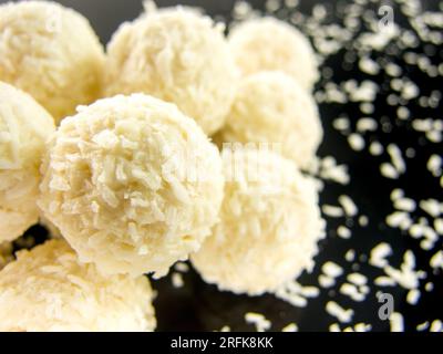 chocolate balls with coconut leafs Stock Photo