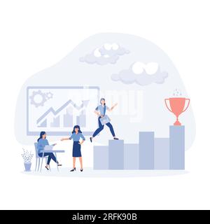 Businesswoman climbing ladder to golden trophy, flat vector modern illustration Stock Vector