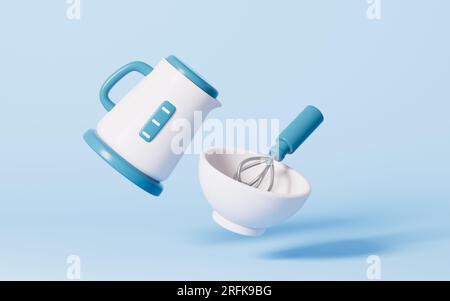 Cartoon electric kettle and bowl in the blue background, 3d rendering. Digital drawing. Stock Photo