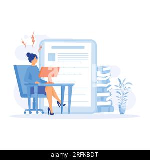 Stress in the office, Tired young woman working on her laptop among piles of papers and documents. flat vector modern illustration Stock Vector