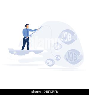 Job searching and staff recruitment concept, fisherman catching Job word on a fishing hook , flat vector modern illustration Stock Vector