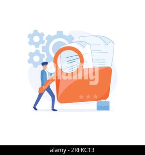 File manager, data storage and indexing. Workers searching file uses magnifying glass. flat vector modern illustration Stock Vector