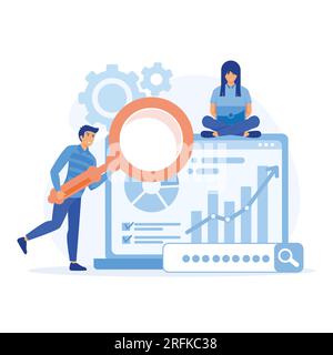 business finance investment concept, people working for data analytics and monitoring on web report dashboard monitor, flat vector modern illustration Stock Vector