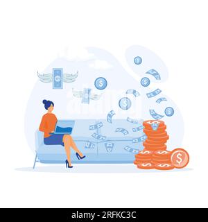 Earning money online, Female person sitting on sofa with laptop computer and dollar bills raining down, flat vector modern illustration Stock Vector
