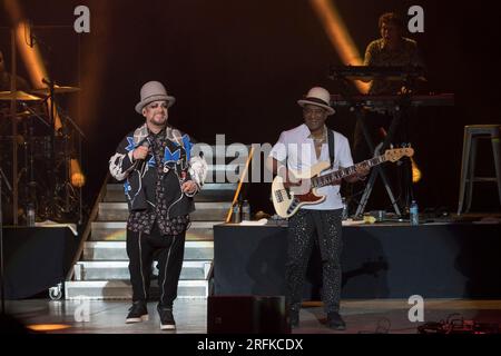 Toronto, Canada. 01st Aug, 2023. Boy George (L), lead singer of English new wave band, Culture Club, and Michael Emile Craig ( Mikey Craig) (R) performing at a sold out show at Budweiser Stage in Toronto. Credit: SOPA Images Limited/Alamy Live News Stock Photo