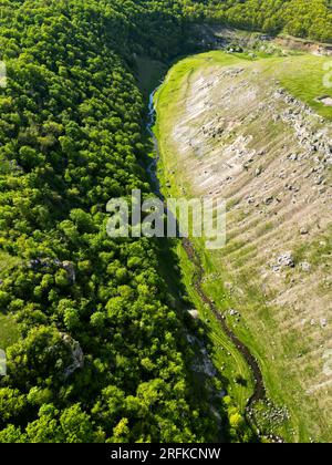 Aerial drone view of nature in Moldova. Narrow river floating in the canyon with rocky and covered with forest slopes Stock Photo