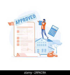 Mortgage process, People buying property with mortgage. Characters getting bank approval, flat vector modern illustration Stock Vector