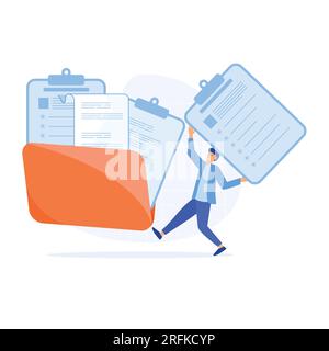 Storage and indexing of information, Businessman adds file to big folder. flat vector modern illustration Stock Vector