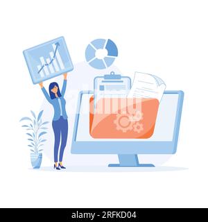Information collection and analysis concept, document management soft, sharing online, visualization, flat vector modern illustration Stock Vector