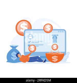 man getting paid from online work, person relaxing with computer paying money in her wallet, flat vector modern illustration Stock Vector