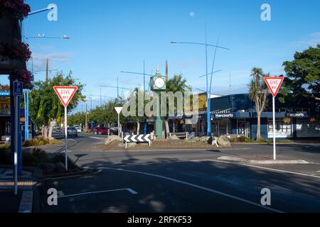 Clocktower in traffic roundabout, McLean Street, Waitara, town centre, Taranaki, North Island, New Zealand Stock Photo