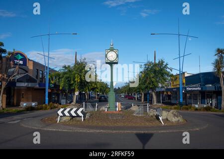 Clocktower in traffic roundabout, McLean Street, Waitara, town centre, Taranaki, North Island, New Zealand Stock Photo