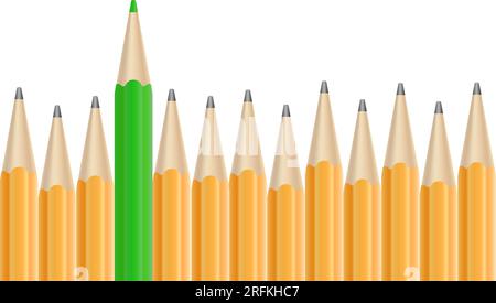Line of simple pencils and one red pencil. Standing out of the crowd, being special, success concept. Vector illustration isolated on white background Stock Vector