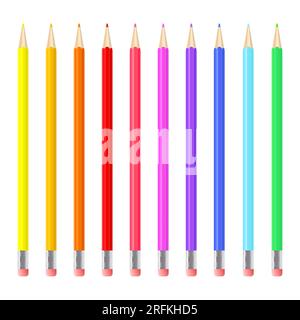 Colorful realistic pencils set. Rainbow colored crayons layed loosely in a line. Vector illustration isolated on white background Stock Vector