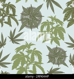 Seamless pattern with hand drawn marijuana leaf and bush. Seamless ornament tile. Stock Vector