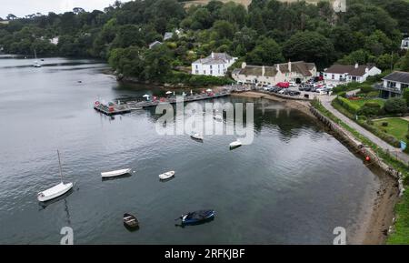 A drone view of The Pandora Inn, Restronguet Hill, Creek, Falmouth, Cornwall. Sunday July 30 2023. Stock Photo