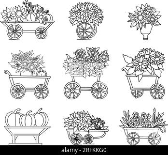 set Coloring pages with pumpkins and sunflowers, autumn coloring page. Stock Vector