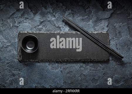 Rectangular Stone Slate Plate With Choppingstick And Piala For Wasabi Stock Photo
