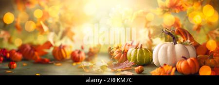 Festive autumn decor from pumpkins, berries and leaves. Concept of Thanksgiving day or Halloween with copy space Stock Photo