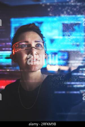 Woman hacker, glasses and cybersecurity, hologram info and vr malware, futuristic technology and login privacy. Data protection overlay, iot dashboard Stock Photo