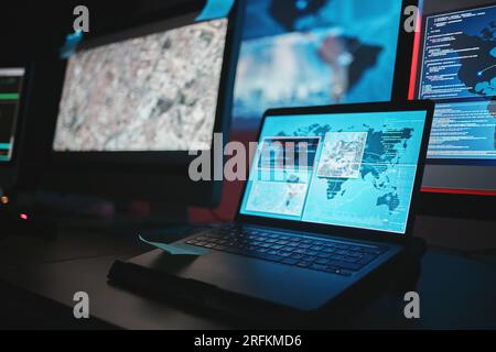 Laptop screen, cybersecurity and technology background for night surveillance, data protection or worldwide coding. Gdpr, satellite hacking and Stock Photo