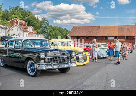 Chevrolet Bel Air 1955 at the Classic festival in coastal Baltic Sea town Valdemarsvik, which displays old vintage vehicles and boats. Stock Photo