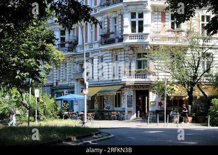 Berlin, Germany, July 8, 2023, street scene in Kreuzberg with Café Nova at the corner of Fichtestrasse and Grimmstrasse. Stock Photo