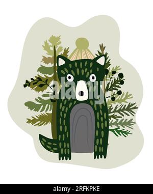 Christmas poster with Funny forest wolf, winter trees, berries. Woodland animals. Perfect for web, banner, card, poster. Vector illustration Stock Vector